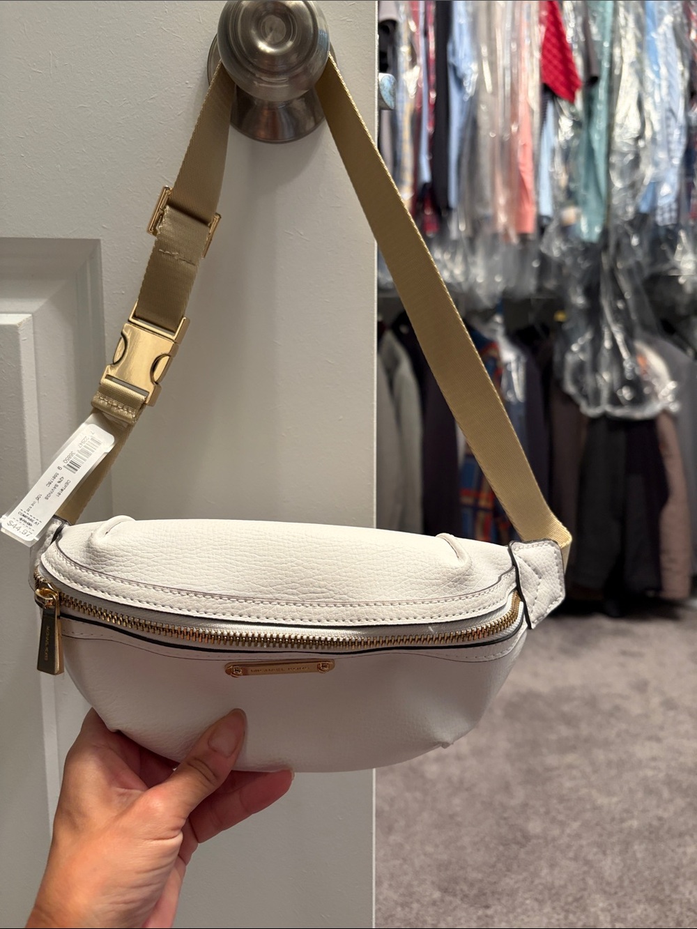 Michael Kors White Leather Crossbody Belt Bag with Gold Strap